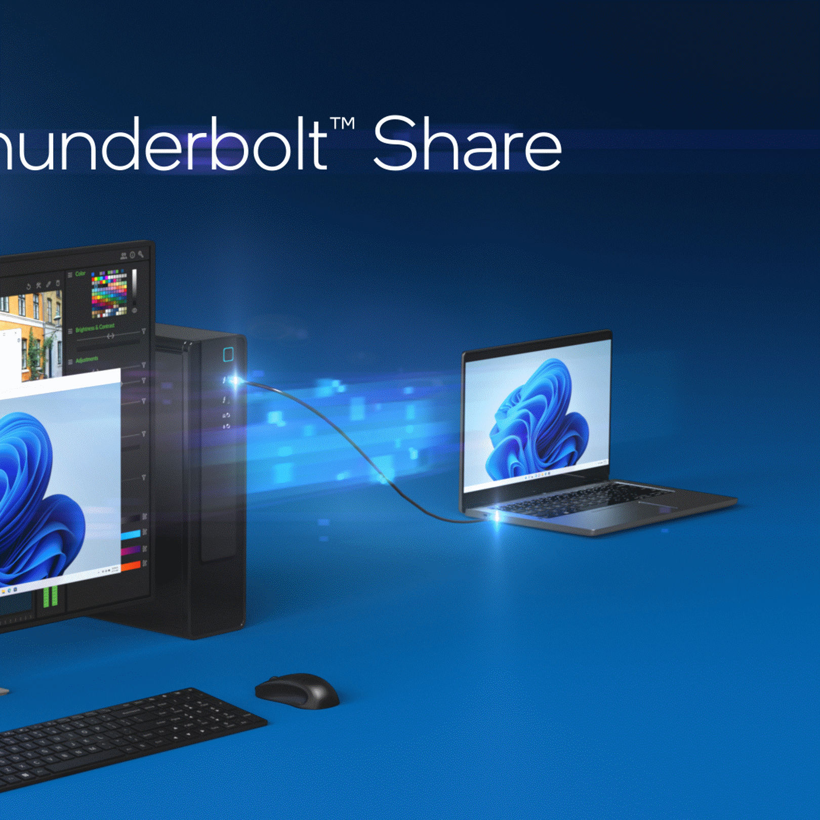 Thunderbolt Share graphic showing a desktop PC and laptop connected by cable to share screens, files and peripherals.