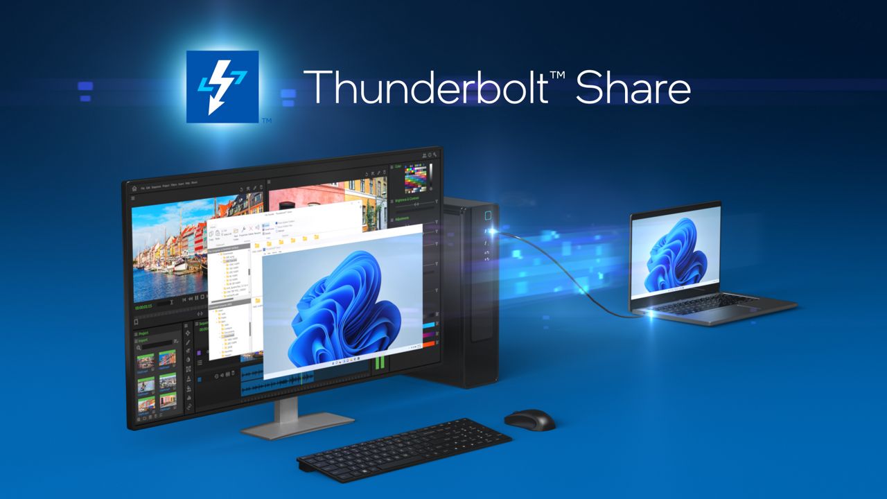 Dois PCs com Windows ligados através do Thunderbolt Share para partilhar o ecrã, ficheiros e periféricos.