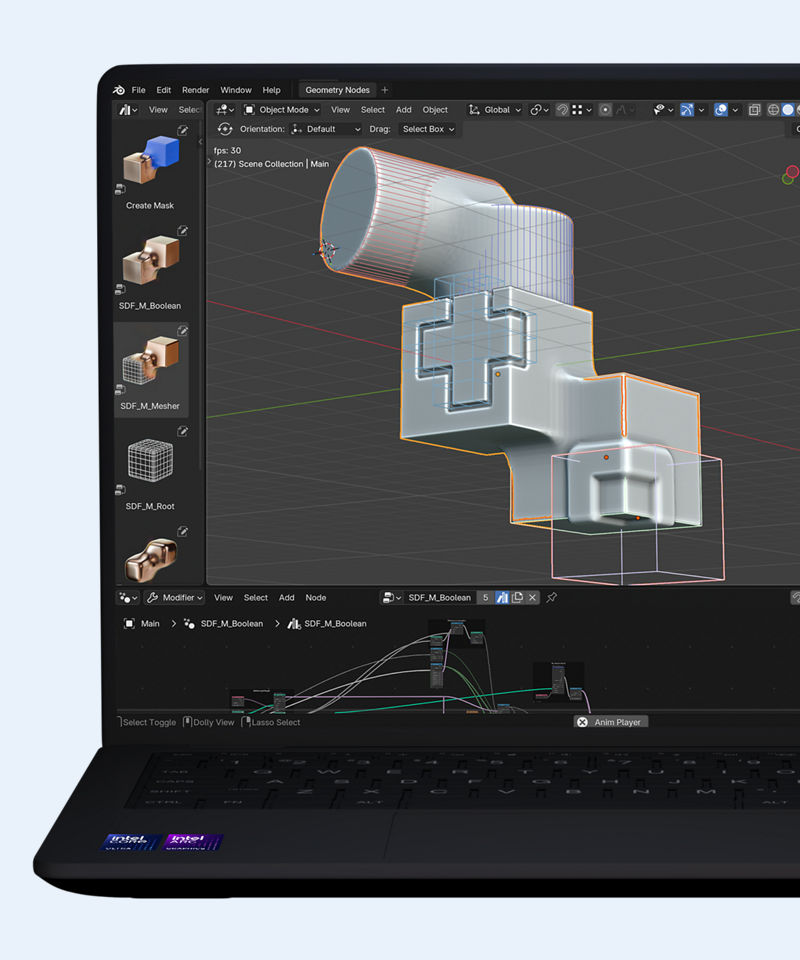 3D model displayed in a design application on a laptop