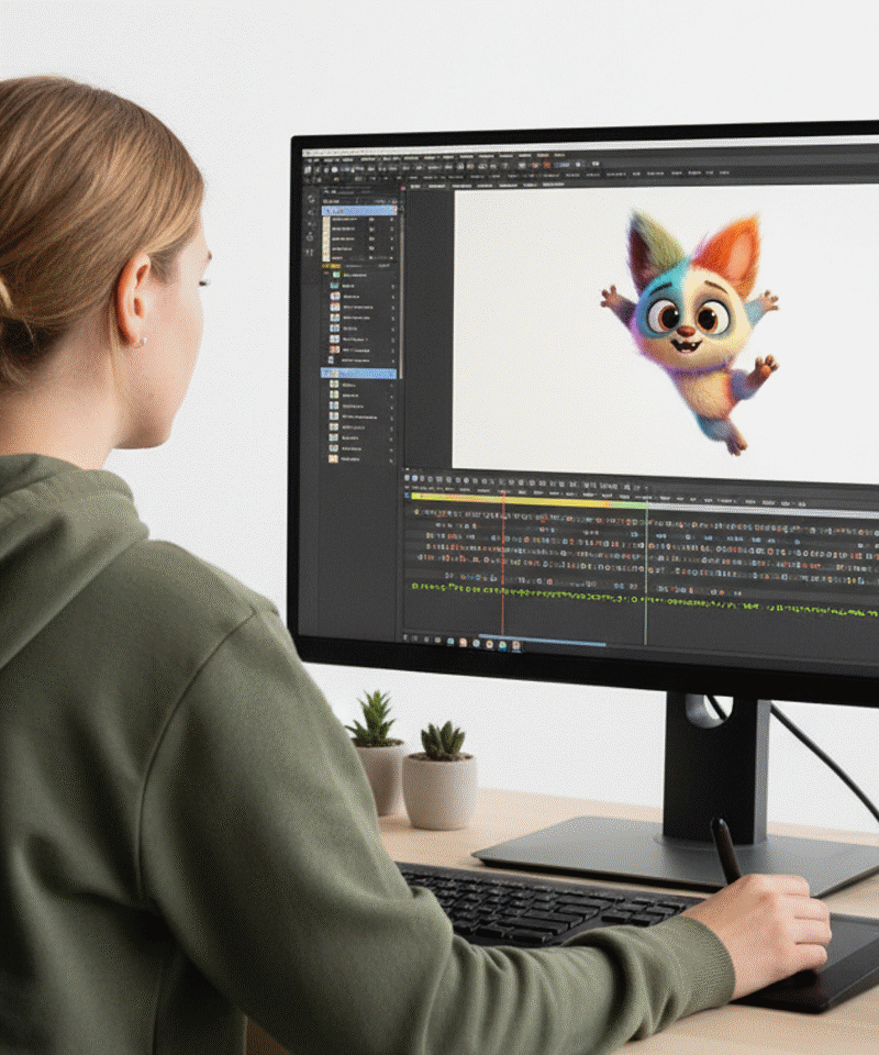 Person at a workstation with a 3D animation program open