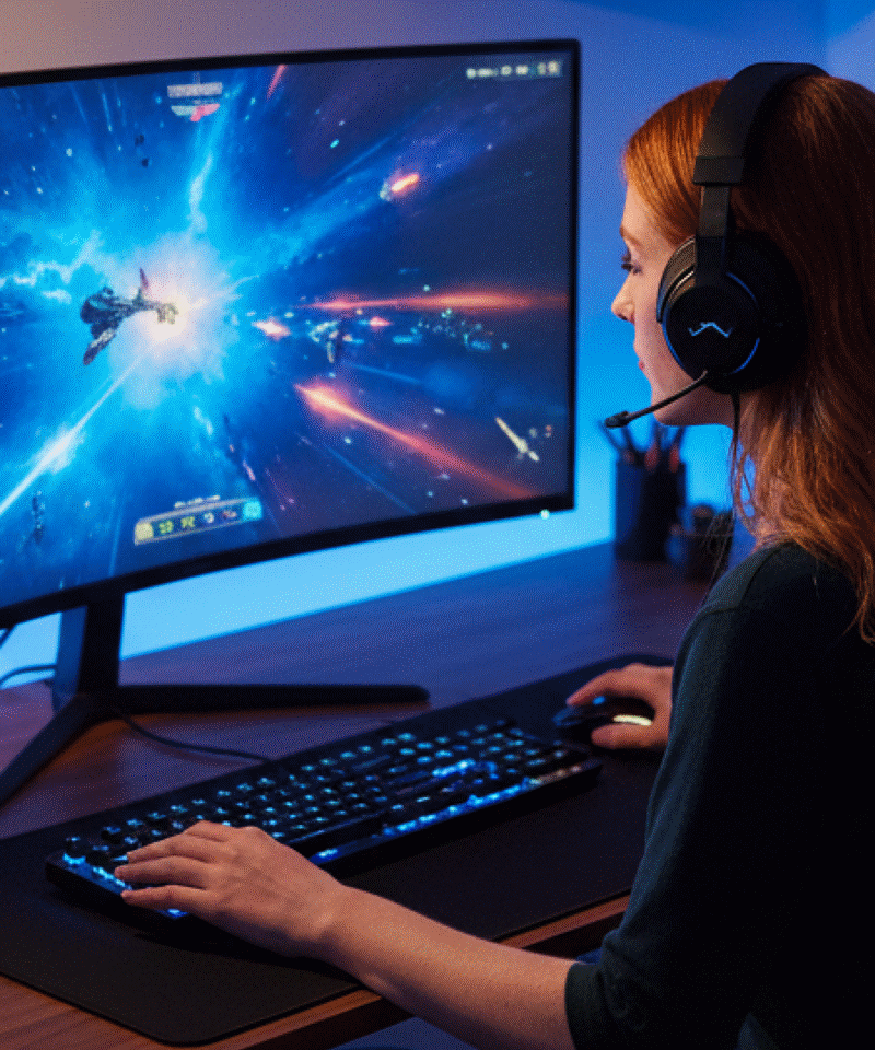 Person at a gaming system playing a space-based game