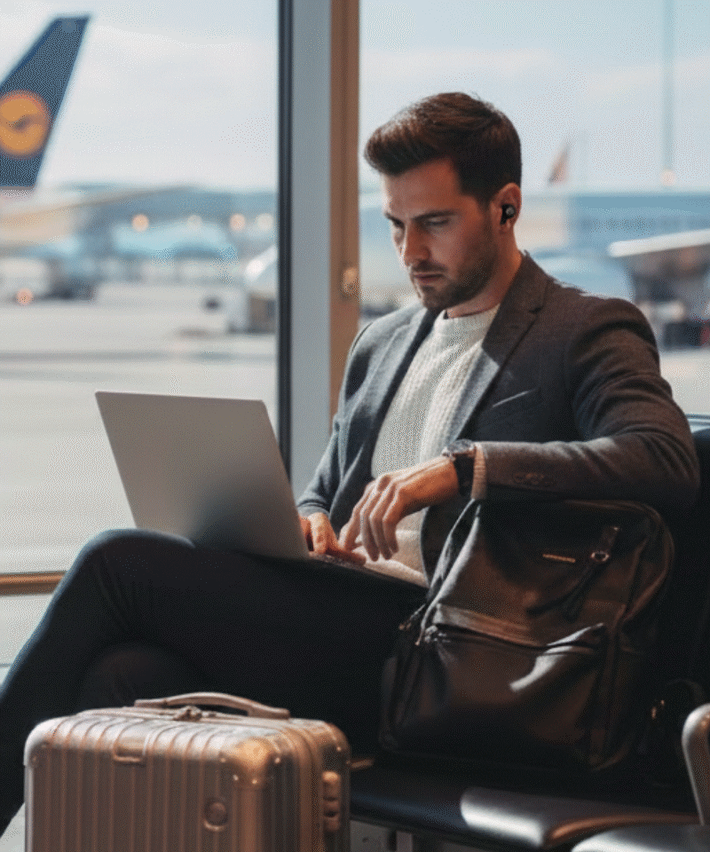 Traveler using a laptop while seated at an airport gate