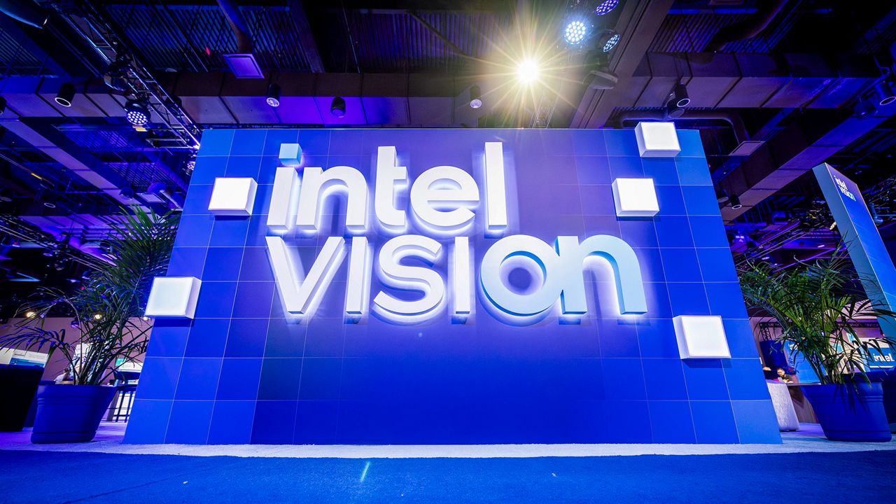 A large blue Intel Vision display at the Intel Vision 2025 event in Las Vegas.