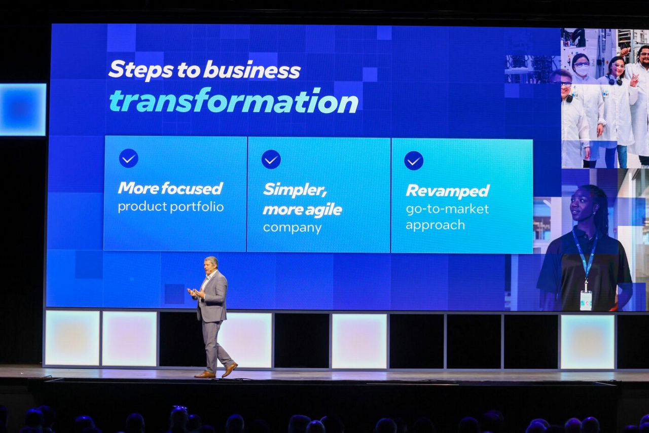 A person in business attire stands on stage, presenting a slide titled Steps to business transformation. The slide lists three points: More focused product portfolio, Simpler, more agile company, and Revamped go-to-market approach.