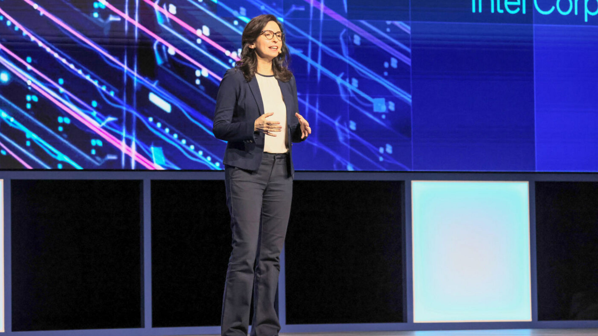 Karin Eibschitz Segal speaks on stage during the Intel Vision 2025 keynote.