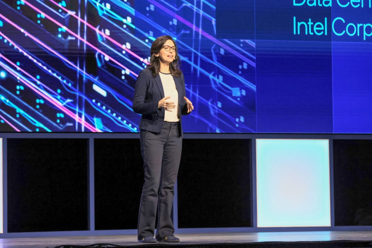 Karin Eibschitz Segal, interim general manager of the Data Center and AI Group at Intel, speaks during Intel’s products update and go-to-market event at Intel Vision 2025 in Las Vegas.