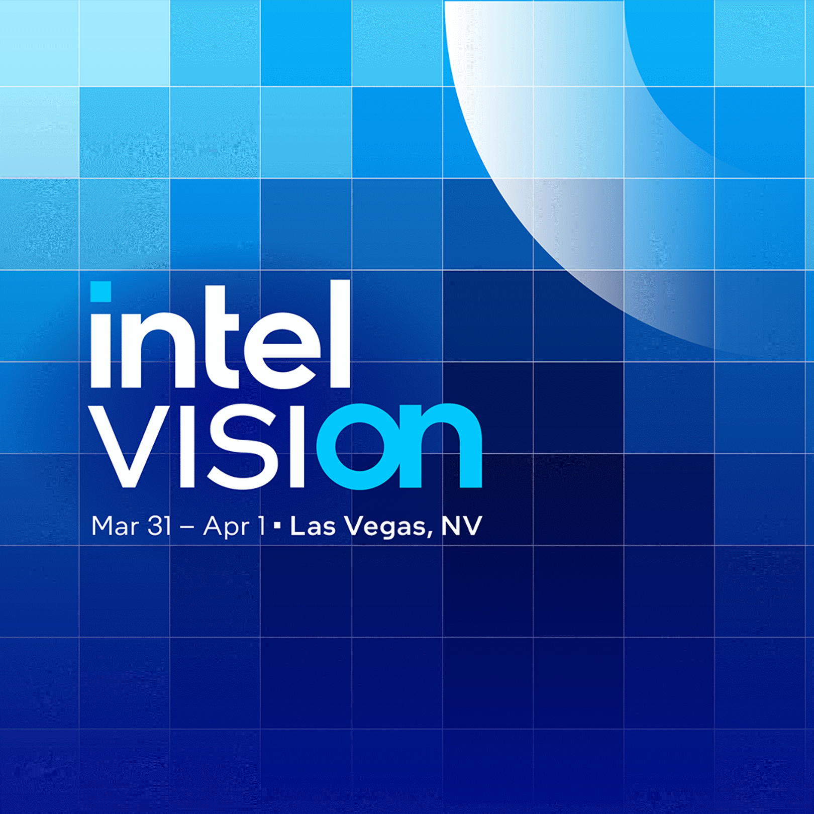 Promotional image for Intel Vision with blue gradient squares and curved lines. Event dates: Mar 31 – Apr 1 in Las Vegas, NV.
