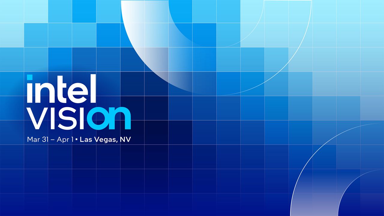 Promotional image for Intel Vision with blue gradient squares and curved lines. Event dates: Mar 31 – Apr 1 in Las Vegas, NV.