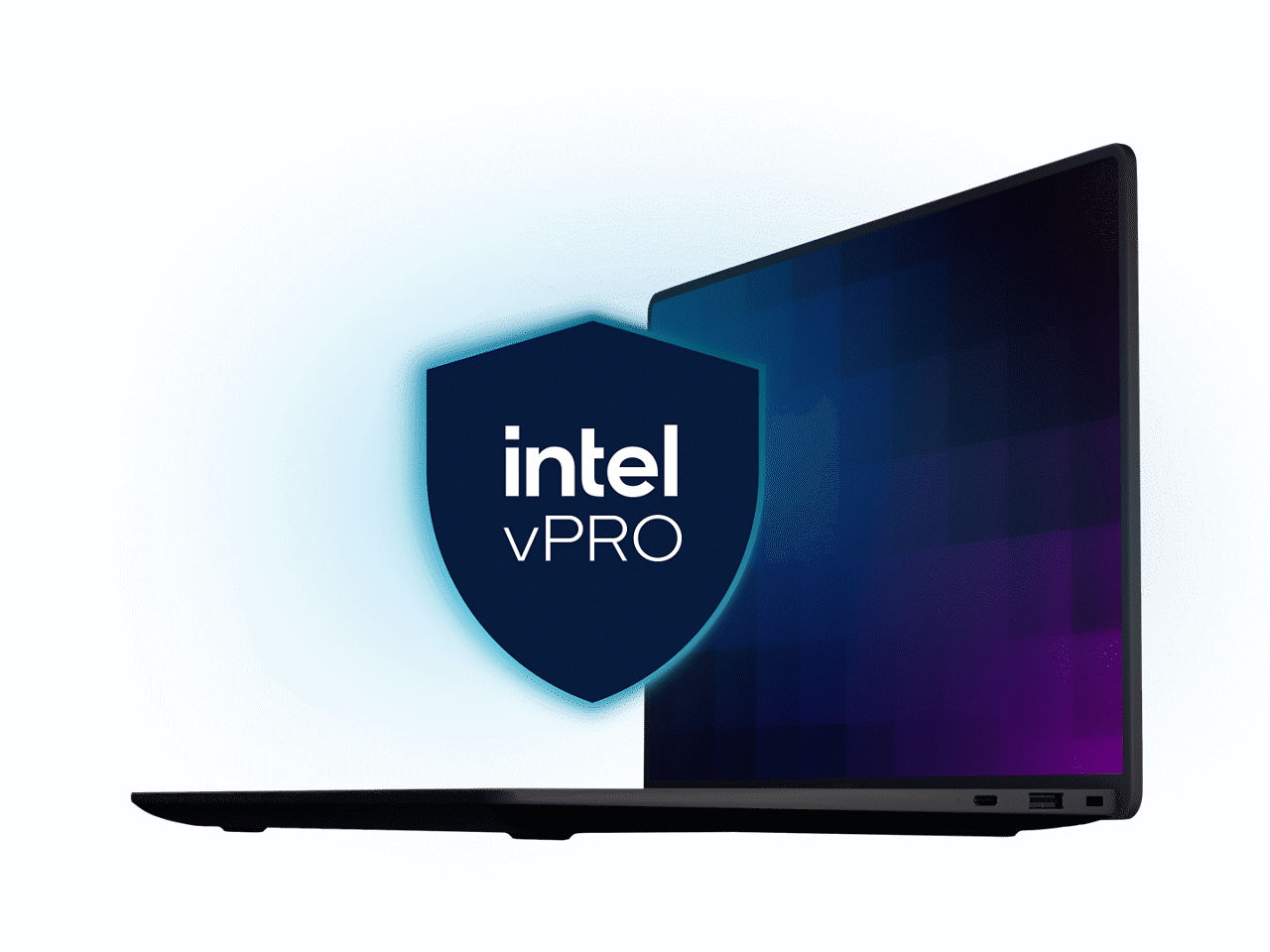 A shield graphic with an Intel vPro logo over an open laptop.