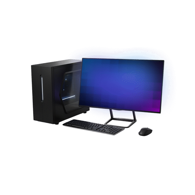 Desktop computer setup with tower, monitor, keyboard, and mouse