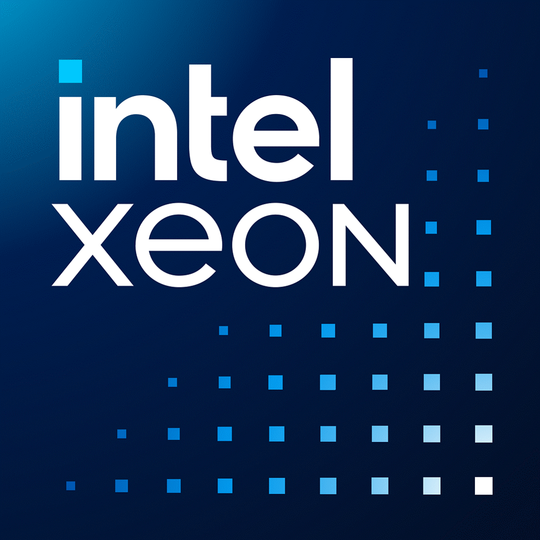 Intel Xeon badge with a blue glow on a black background.