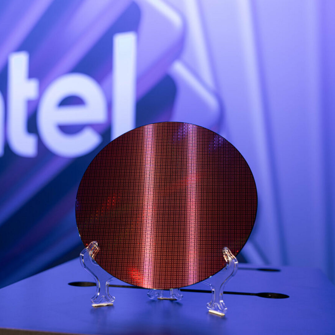 An Intel Xeon 6+ (code-named Clearwater Forest) wafer on display at September’s Intel Technology Tour 2025. Clearwater Forest is expected to launch in the first half of 2026.