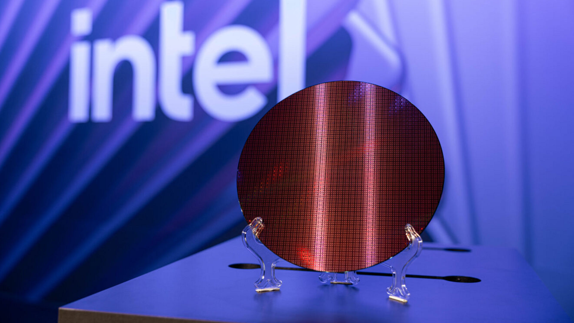 An Intel Xeon 6+ (code-named Clearwater Forest) wafer on display at September’s Intel Technology Tour 2025. Clearwater Forest is expected to launch in the first half of 2026.