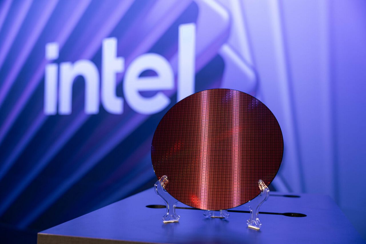 An Intel Xeon 6+ (code-named Clearwater Forest) wafer on display at September’s Intel Technology Tour 2025. Clearwater Forest is expected to launch in the first half of 2026.