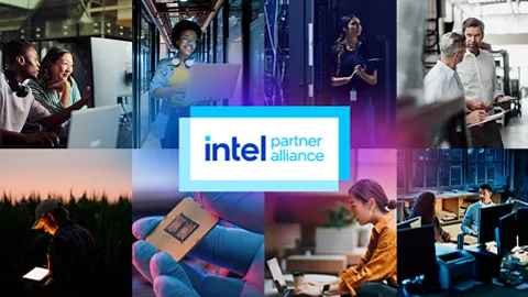 El logotipo del Intel® Partner Alliance se superpone a un collage de fotos que consta de ocho imágenes que representan casos de uso de tecnología