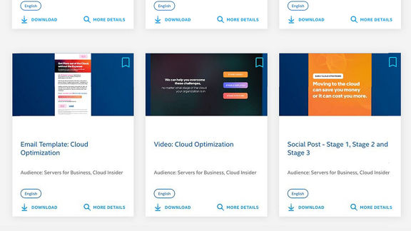 여러 솔루션 요약이 포함된 디지털 자산 관리 라이브러리의 스크린샷Screenshot of a digital asset management library that includes several solution briefs