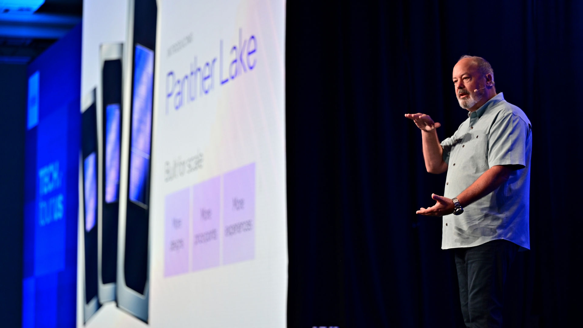Intel senior vice president and general manager of the Client Computing Group Jim Johnson delivers a keynote address at Intel Technology Tour 2025 in Arizona. Johnson explained the architecture highlights of the next generation of Intel Core Ultra, code-named Panther Lake.