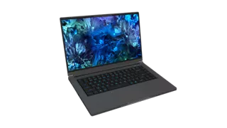 Open laptop placed on a tabletop with bright blue image of a folded material showing on the screen