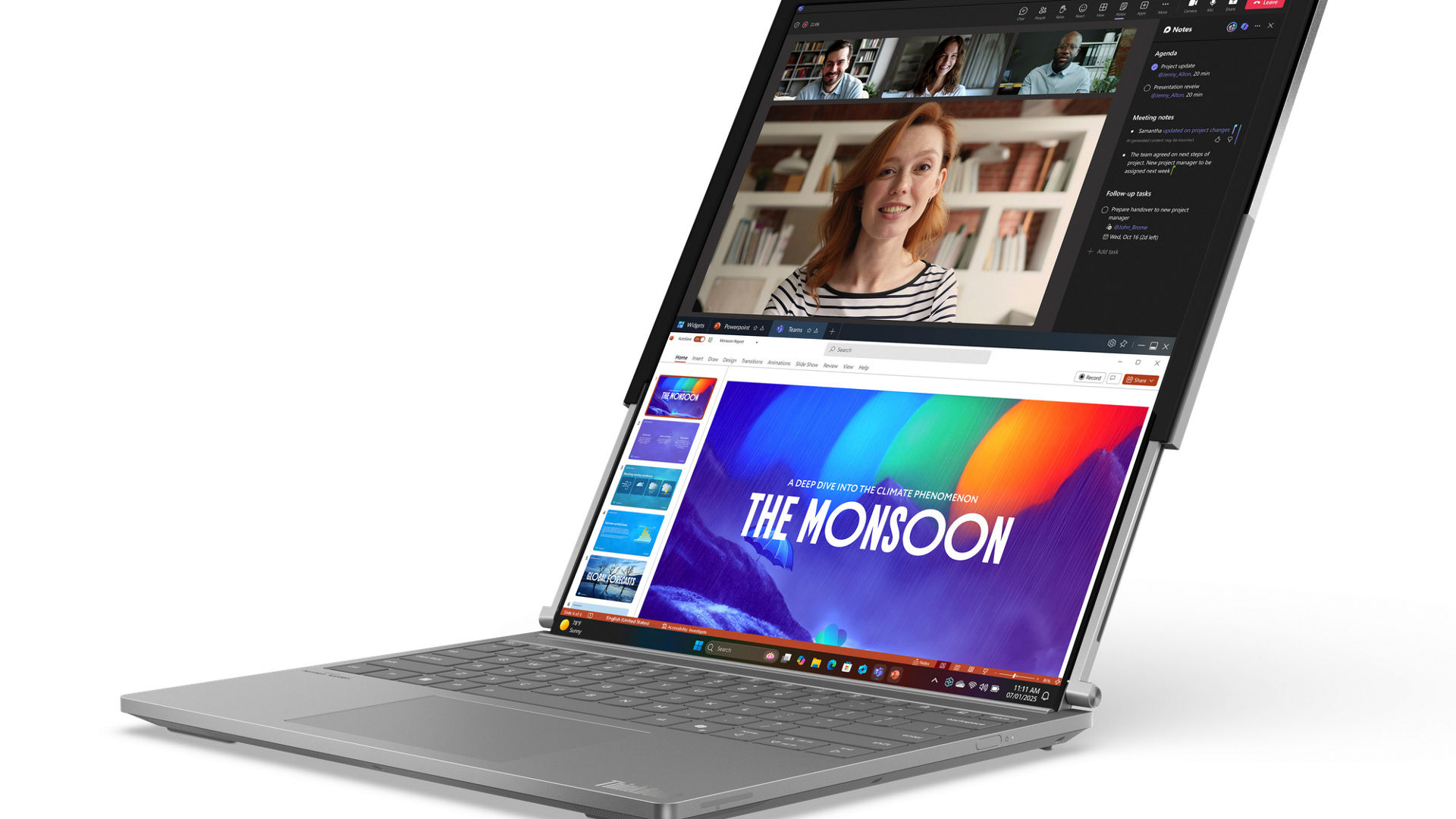 Silver Lenovo ThinkBook Plus Gen 6 Rollable laptop with an extended display showing video editing and presentation apps.