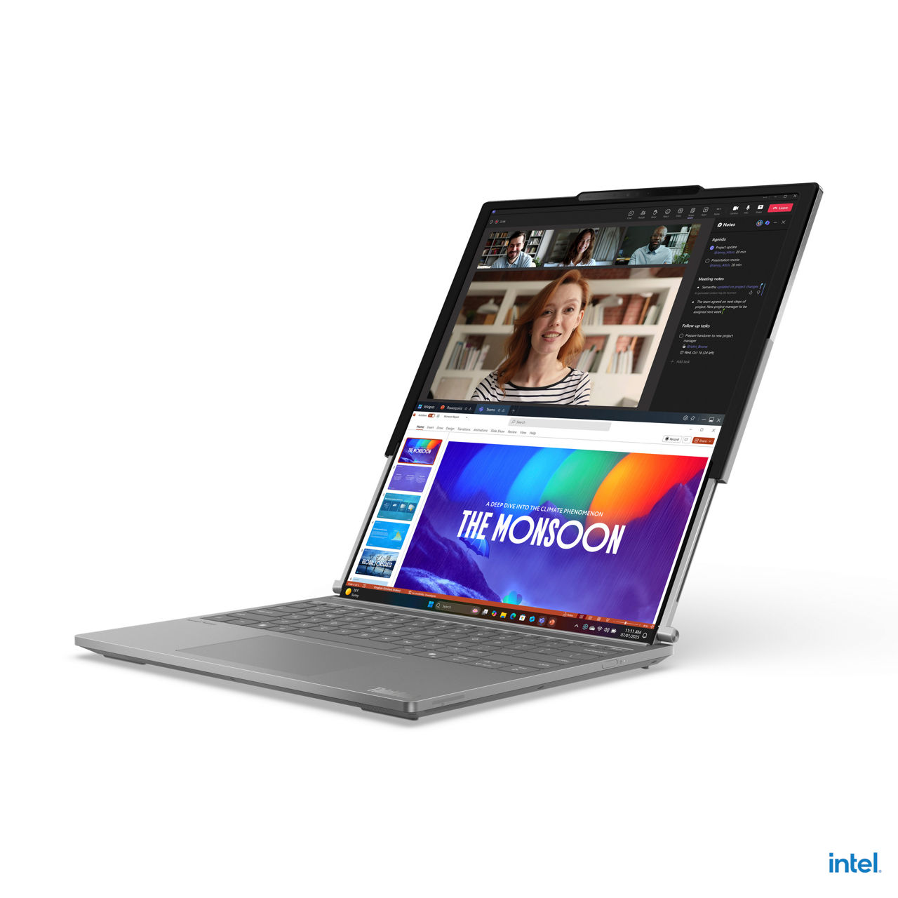 The Lenovo ThinkBook Plus Gen 6 Rollable went from proof-of-concept to first-in-market in less than two years with Intel co-engineering. This unassuming 14-inch AI PC laptop expands to a 16.7-inch vertical screen with a simple hand gesture toward the sensors or a dedicated keystroke – and retracts just as smoothly and quietly. Users can minimize the need for constant scrolling or multiple screens and maximize displayed content to elevate workflow efficiency. Powered by an Intel Core Ultra processor to help unlock AI experiences and deliver high-performance, low-power processing, this Copilot+ PC boasts on-device AI-acceleration that’s further amplified by Lenovo AI Now features, empowering the user to create compelling copy and visuals with offline generative AI. (Credit: Lenovo)
