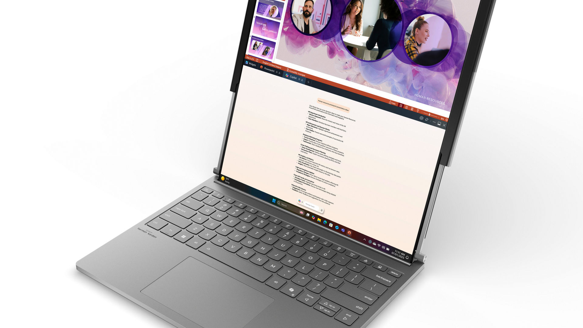 Angled view of a Lenovo ThinkBook Plus Gen 6 Rollable laptop with an extended display showing a presentation and document.