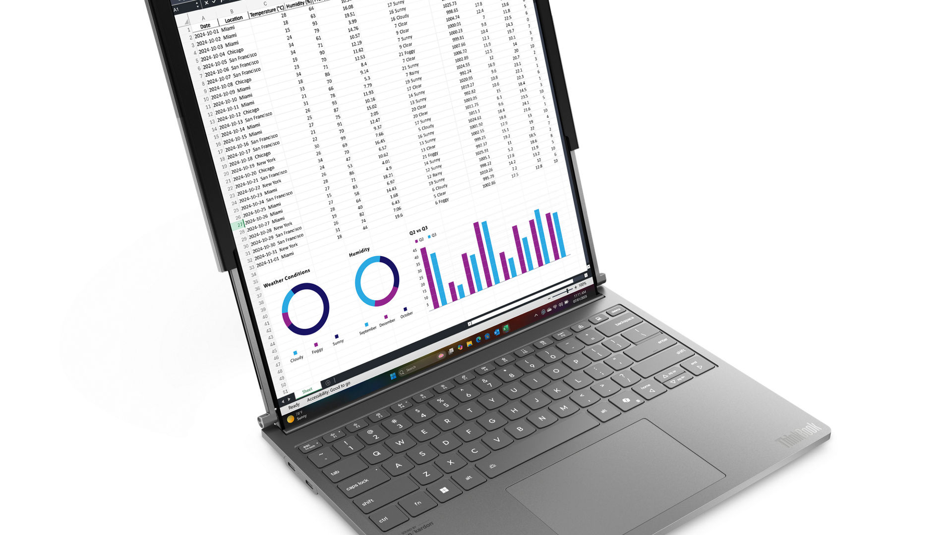 Angled view of a Lenovo ThinkBook Plus Gen 6 Rollable laptop with an extended display showing data tables and charts.