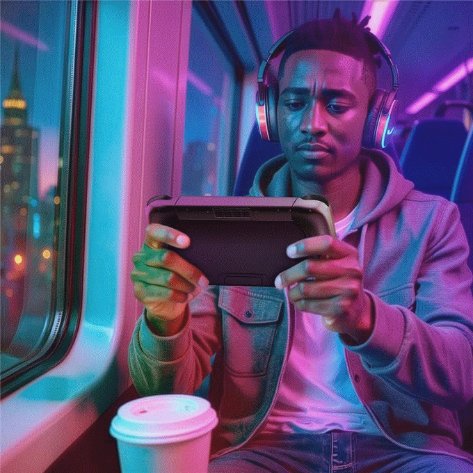 Homem no trem com dispositivo portátil em imagem 1x1Stock com Adobe Firefly