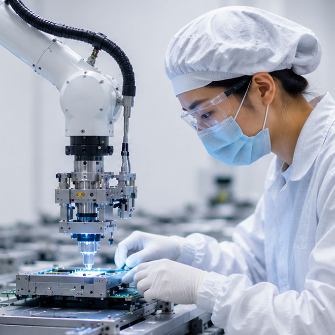 Technician using a robot to make a chip