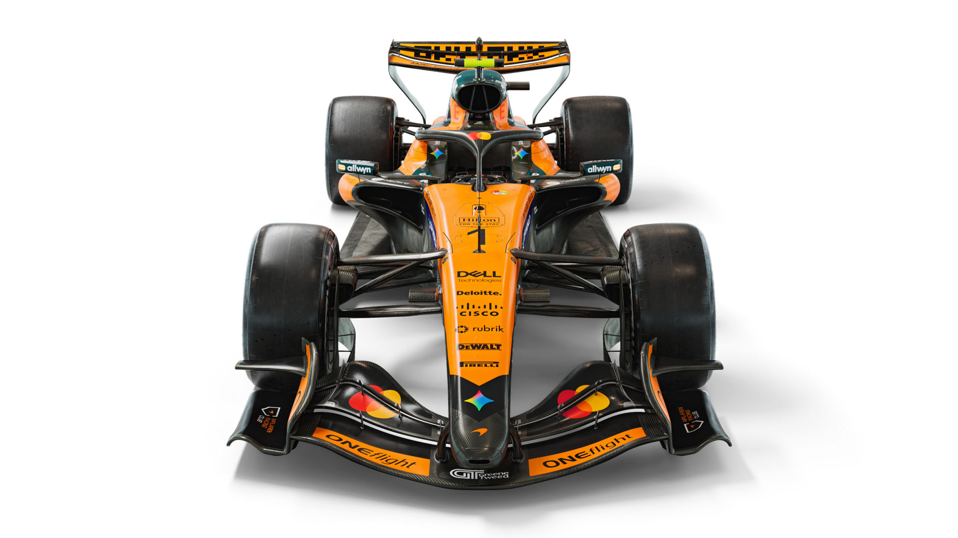 Image of a yellow McLaren racing car facing front-on