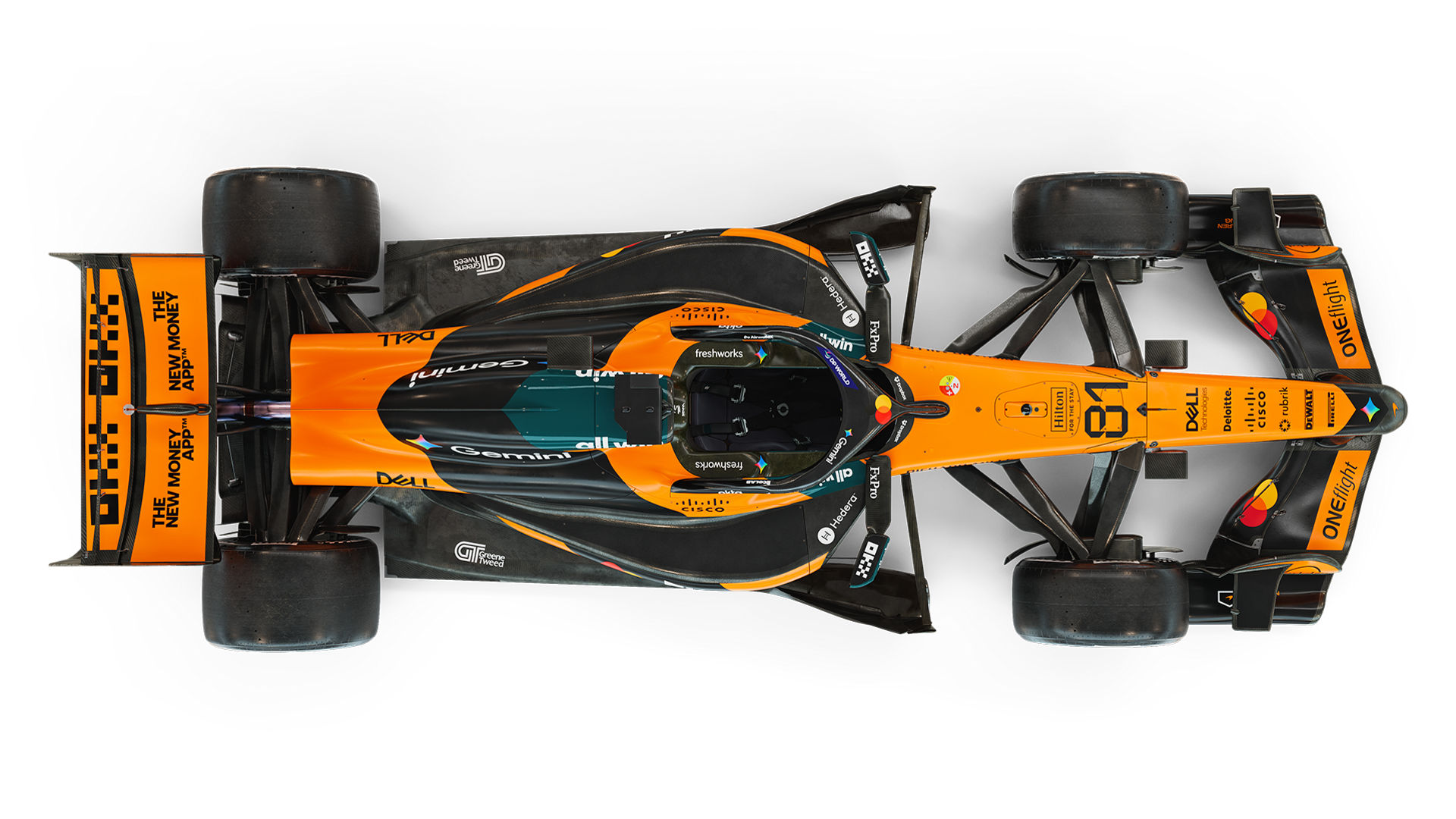 Overhead image of a yellow McLaren racing car