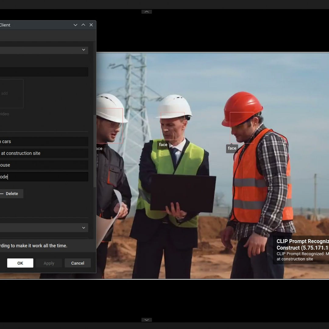 Three construction workers in safety gear stand on a construction site, discussing something while one holds a laptop. A software settings window overlays part of the image on the left.