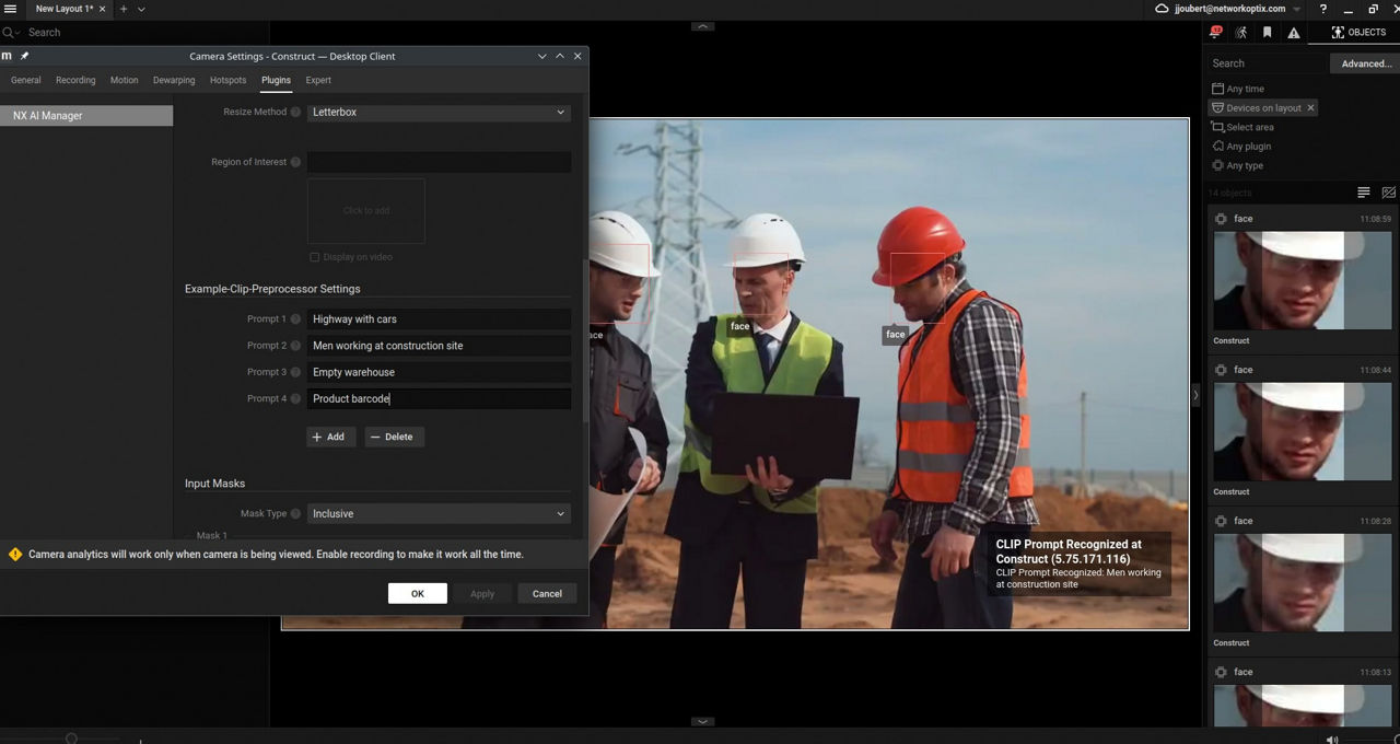 Three construction workers in safety gear stand on a construction site, discussing something while one holds a laptop. A software settings window overlays part of the image on the left.