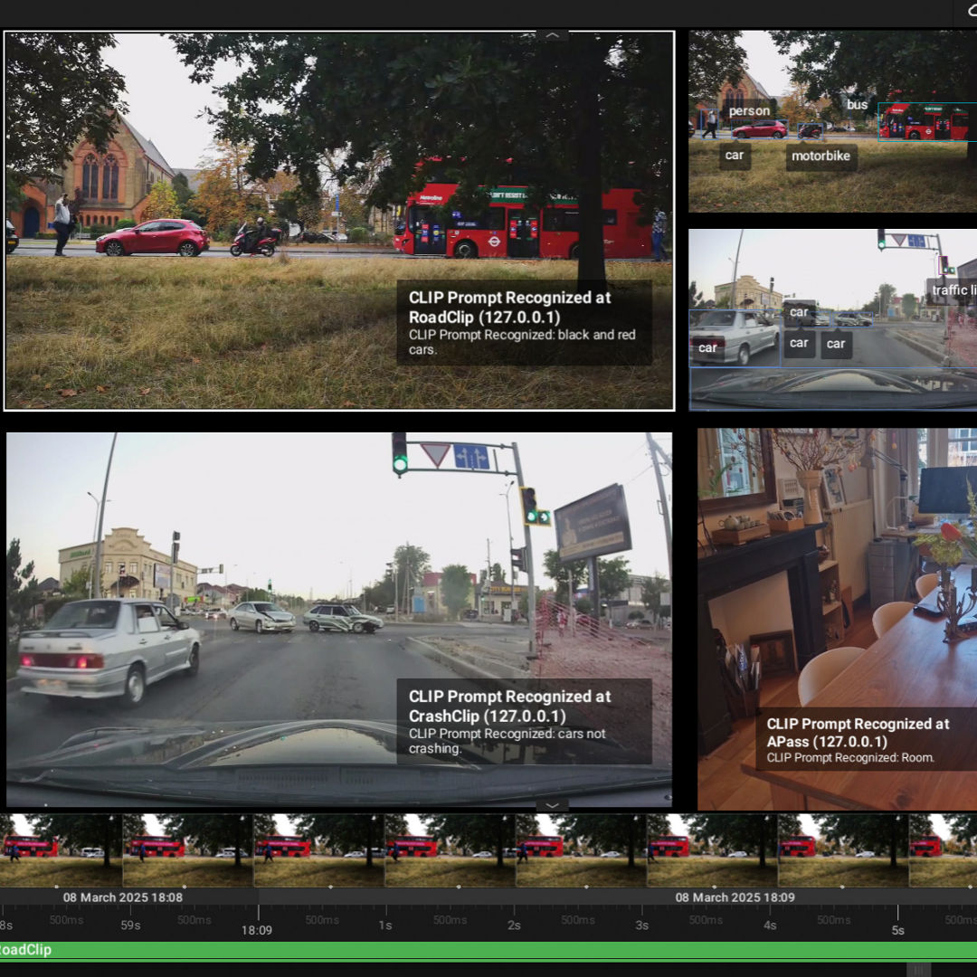 Dashboard interface with multiple video feeds and text overlays identifying locations, vehicles, people and objects in the scenes.