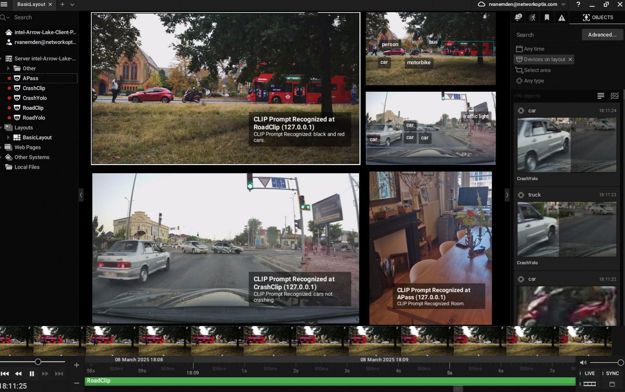 Dashboard interface with multiple video feeds and text overlays identifying locations, vehicles, people and objects in the scenes.