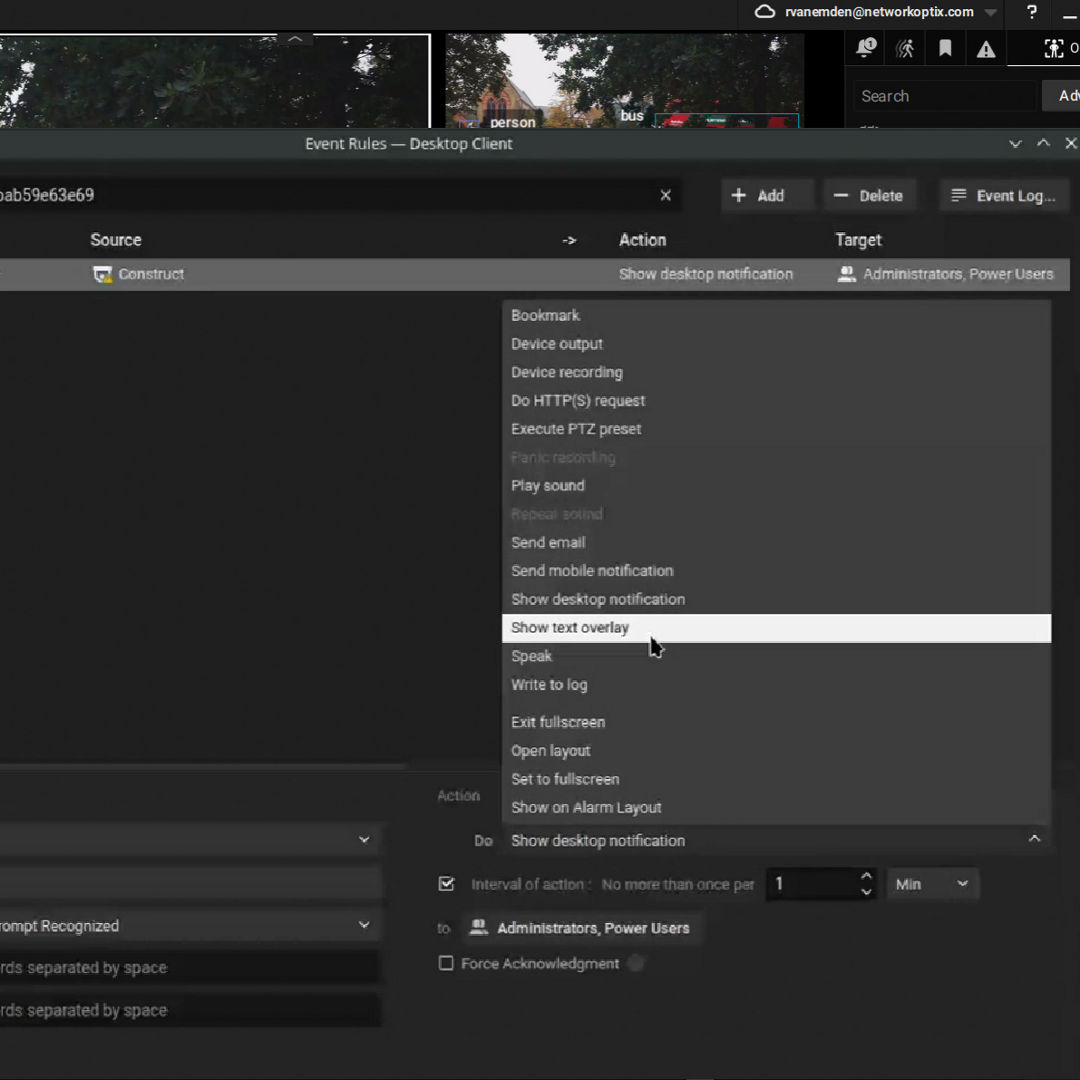 Screenshot of a desktop application interface with a dark theme. It shows a list of events and sources on the left and a context menu on the right with desktop notification highlighted.