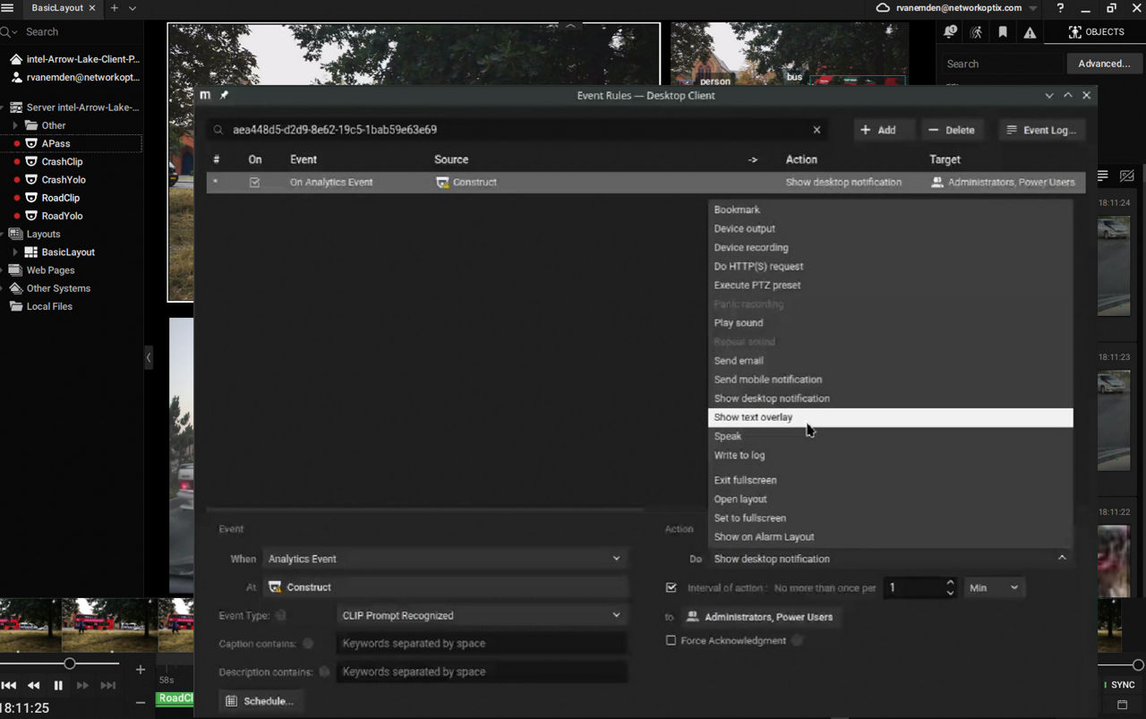 Screenshot of a desktop application interface with a dark theme. It shows a list of events and sources on the left and a context menu on the right with desktop notification highlighted.