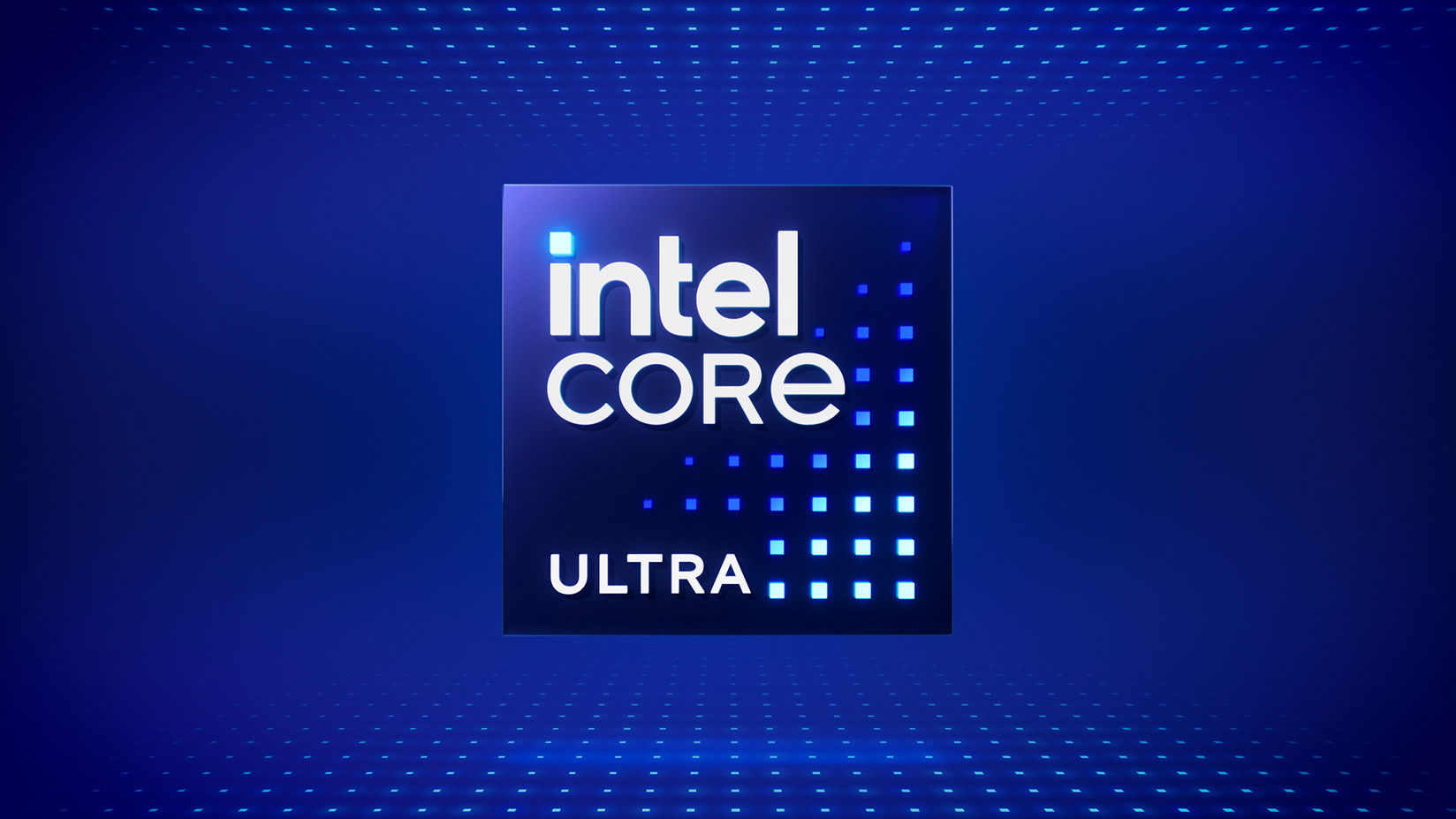 Produktlogo des Intel Core Ultra Prozessors vor blauem Hintergrund