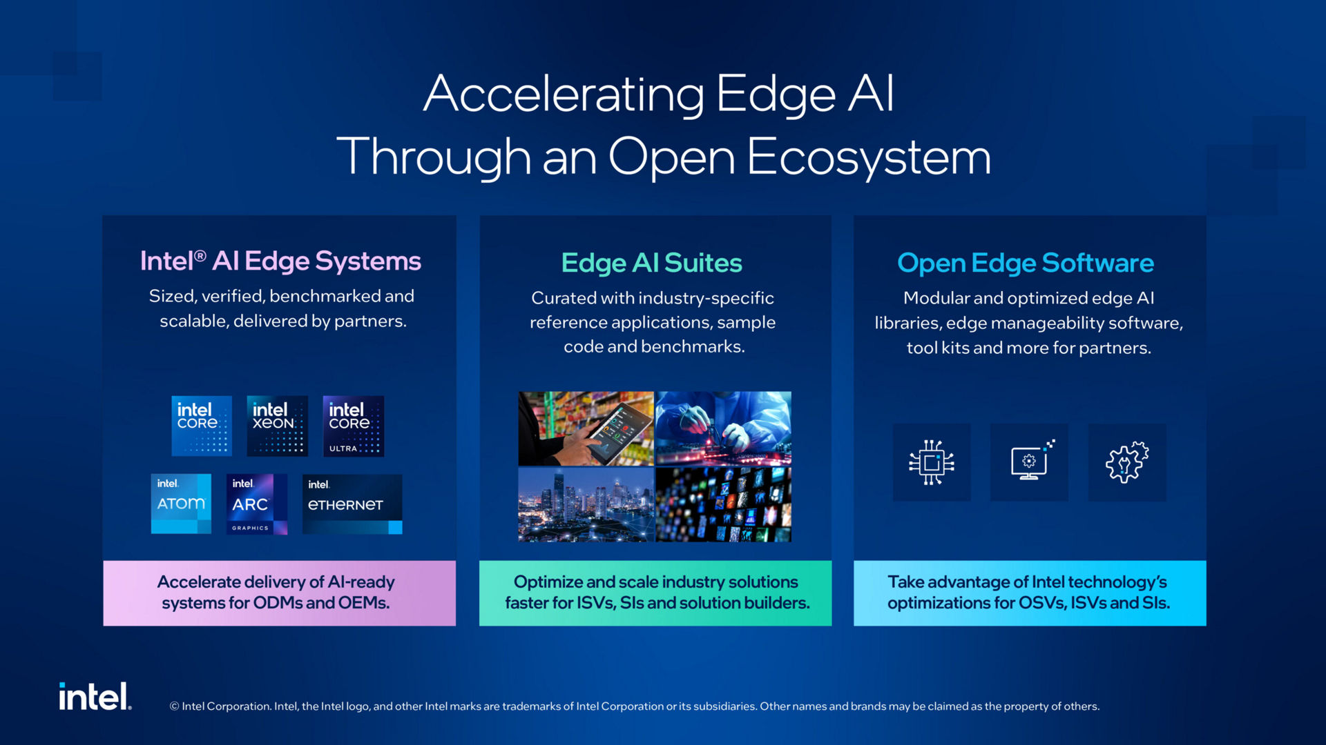 Intel graphic titled Accelerating Edge AI Through an Open Ecosystem highlights Intel AI Edge Systems, Edge AI Suites, and Open Edge Platform.
