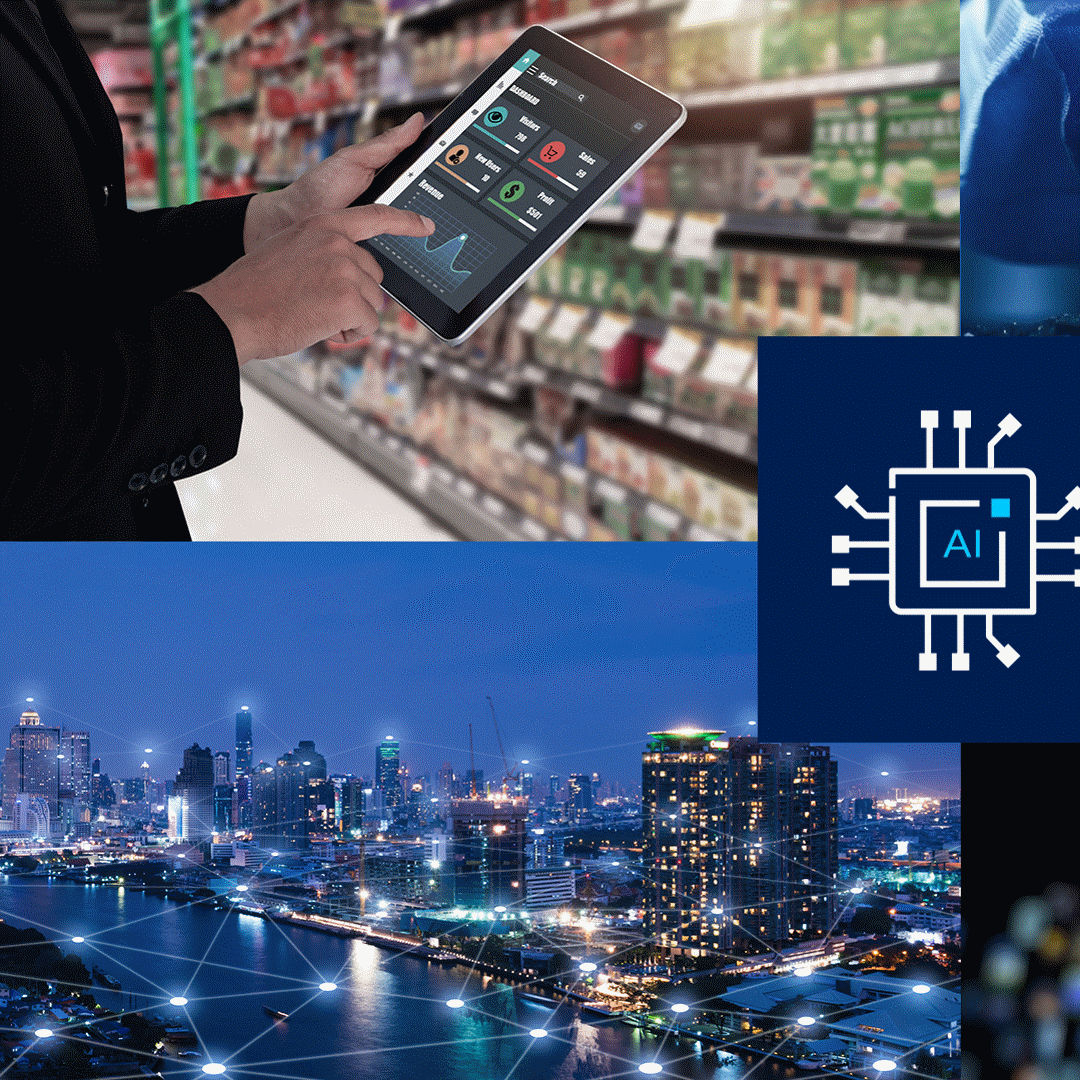 Collage. Top left: person using a tablet in a store. Top right: hands assembling electronics in a lab. Bottom left: city skyline at night. Bottom right: multiple screens displaying various images. Center: AI circuit icon.