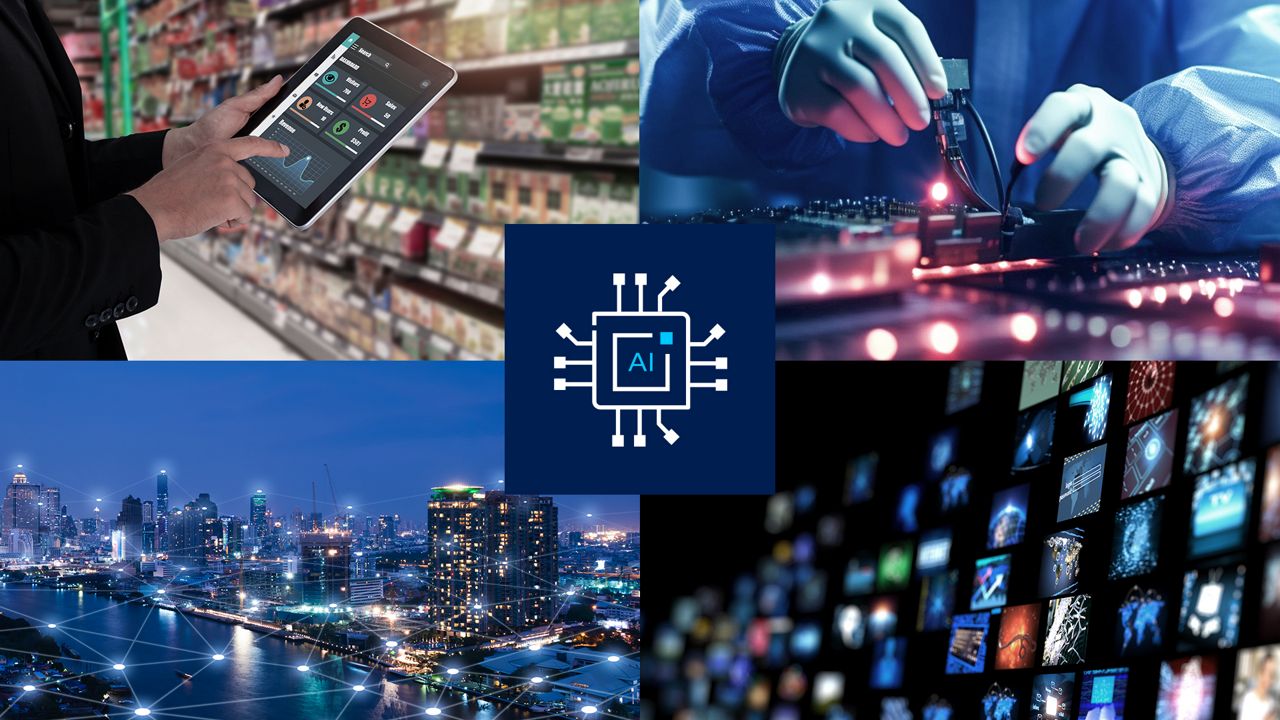 Collage. Top left: person using a tablet in a store. Top right: hands assembling electronics in a lab. Bottom left: city skyline at night. Bottom right: multiple screens displaying various images. Center: AI circuit icon.