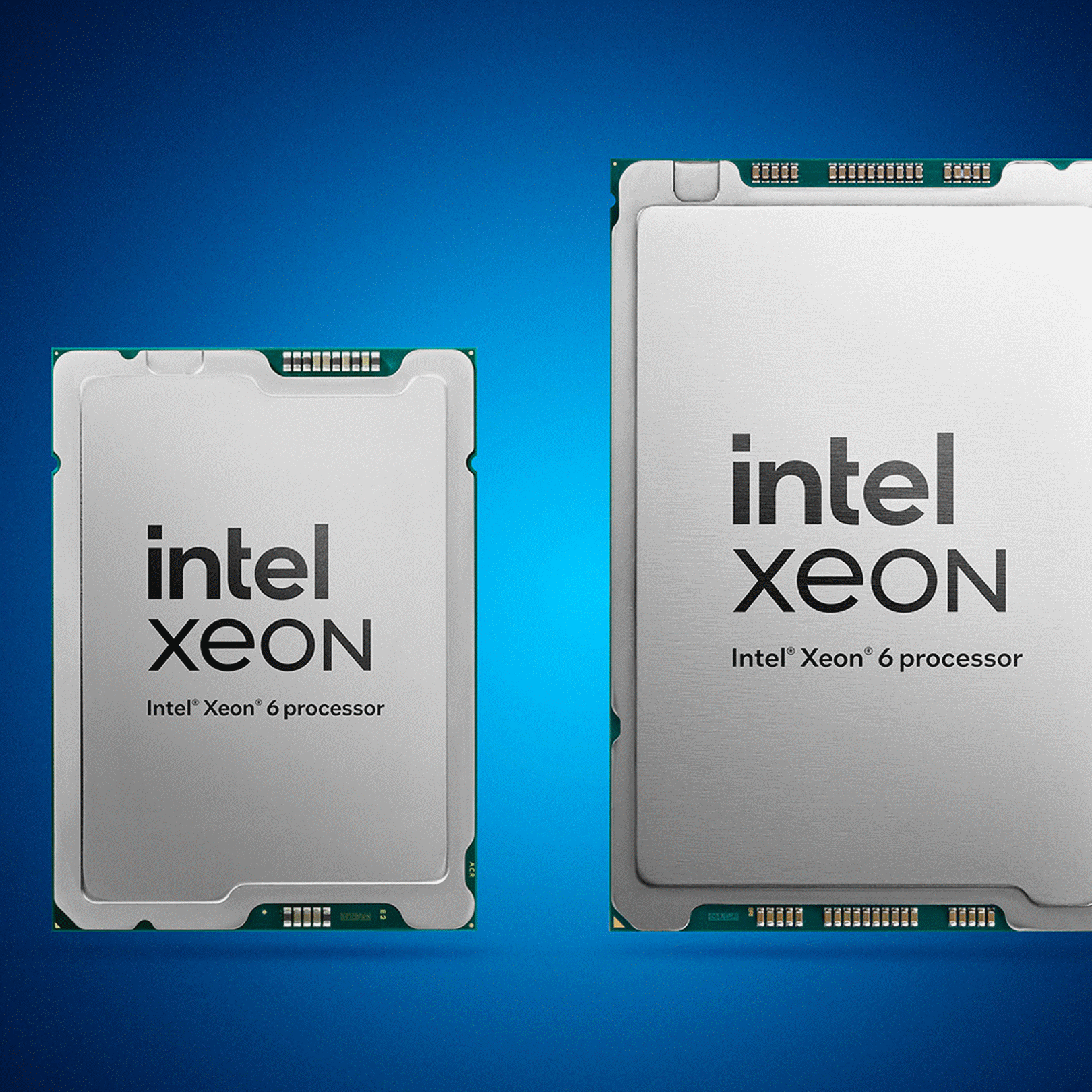 Two Intel Xeon 6 processors of different sizes side-by-side on a blue background.