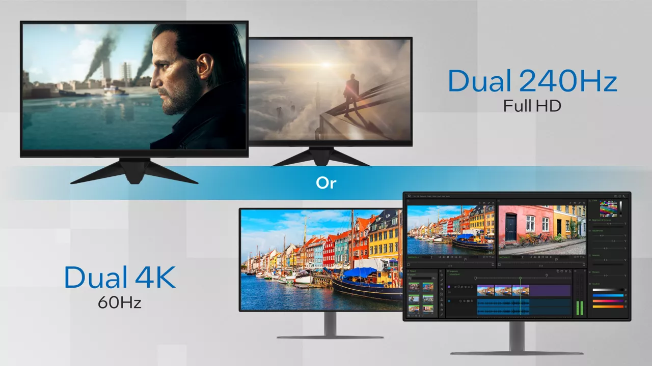 The phrases “Dual 240Hz Full HD” and “Dual 4K 60Hz” appear next to two sets of dual monitors