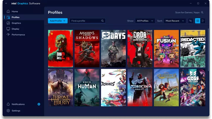 Screen capture of intel graphics software profile page