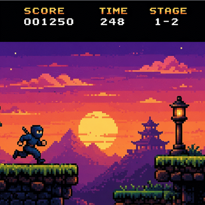 Cena de um jogo em pixel art mostrando um jogo de plataforma de deslocamento lateral com elementos de personagem, paisagem e interface de jogabilidade. Destinado a ser usado em desempenho de jogos, jogabilidade e conteúdo focado em entretenimento.