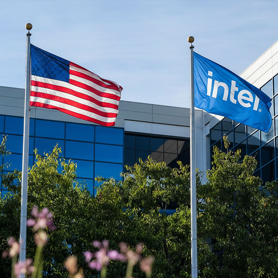 Intel building with U.S. and Intel flags.