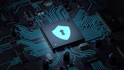Circuit board and shield icon, hardware security, computer data protection and electronic technology concept