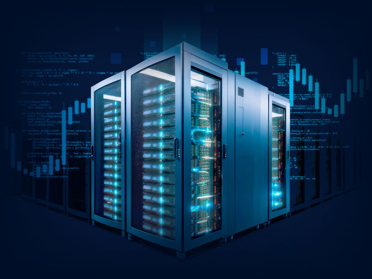 Digital rendering of a connected data center tower with glowing infrastructure lines.