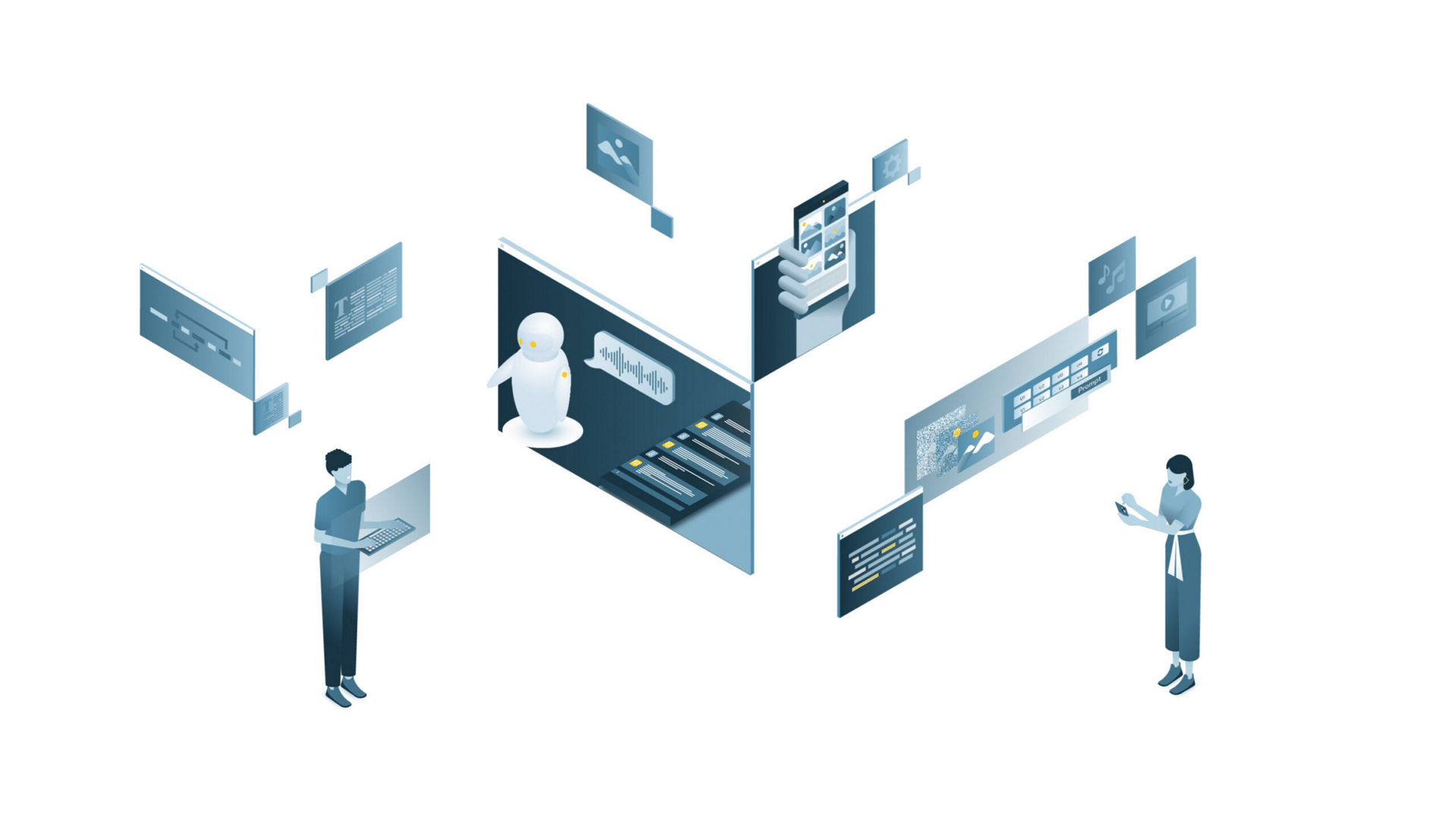 Illustration of people using AI applications around a laptop and robot.