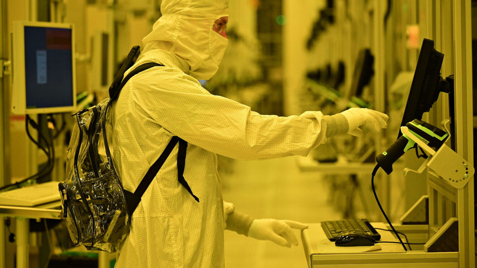 An Intel manufacturing technician inside the new Fab 52 in Chandler, Arizona, in September 2025.