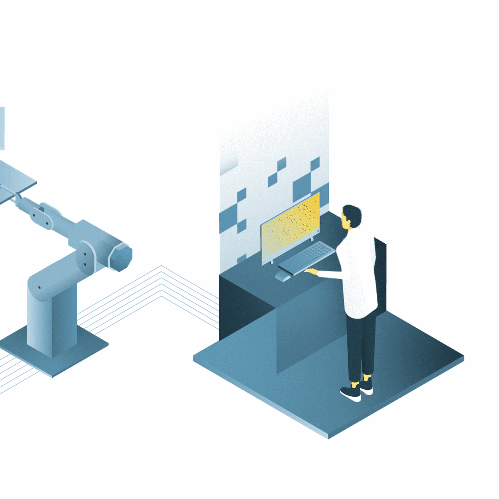 Illustration of robotic arms stacking components while a person works at a computer.